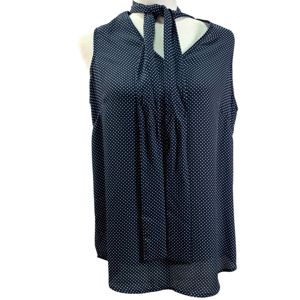 Adrianna Papell Blouse Women M Navy Polka Dot Tie Neck Sleeveless Office Wear